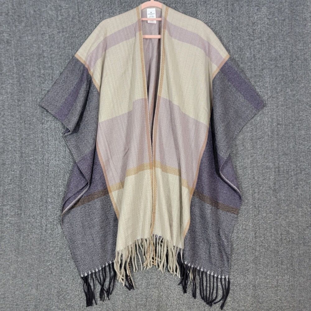 Woolrich Cape Shawl Wrap Womens Purple Herringbone Plaid Fringed Blanket Poncho